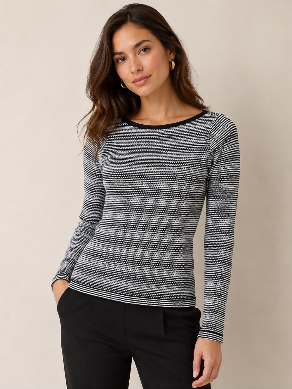 Athleta Black and White Striped Open-Knit Long Sleeve Top – Size Small
